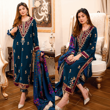 ZAB - Embroidered Velvet Dress with Wool Shawl - zab989